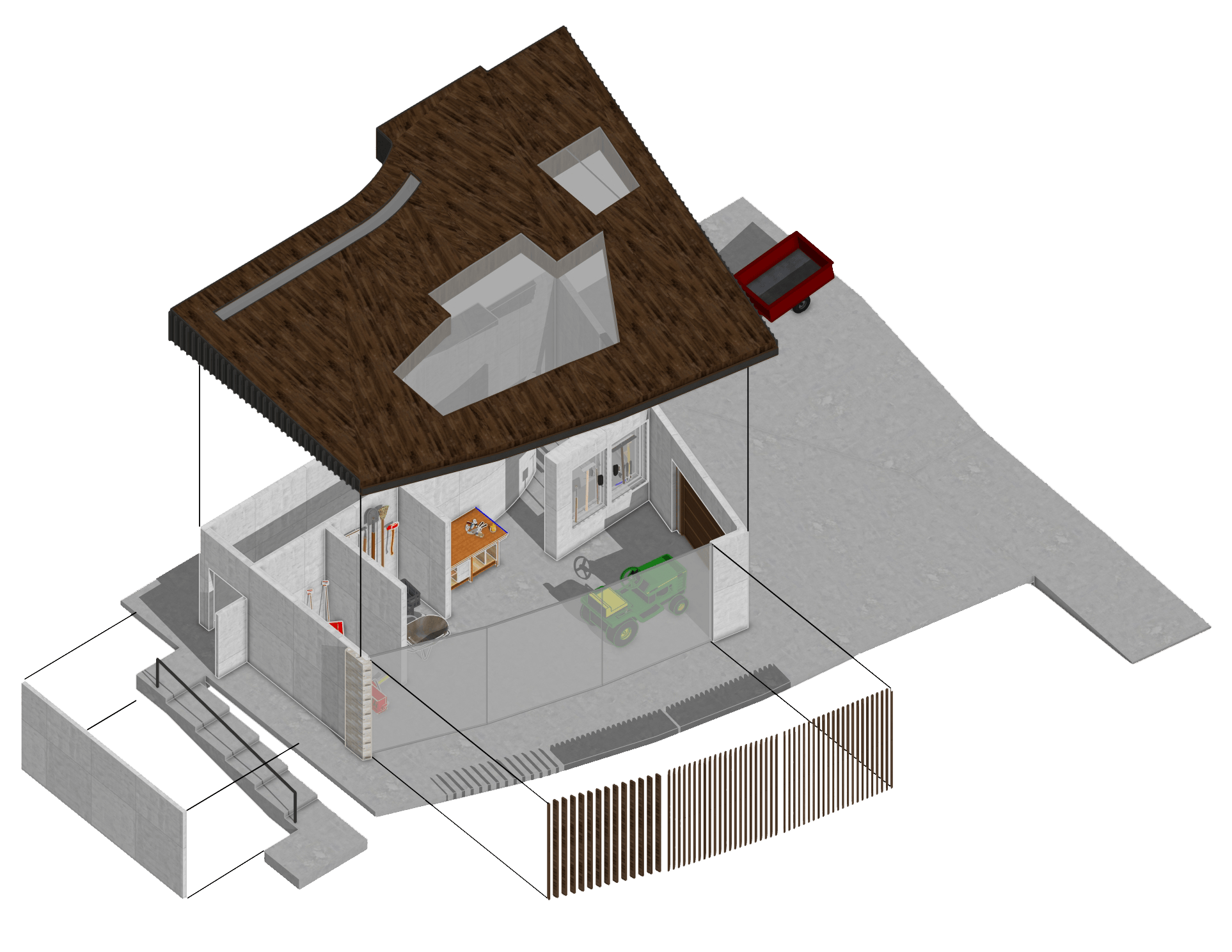 UW-Madison Arboretum Garden Shed axonometric drawing