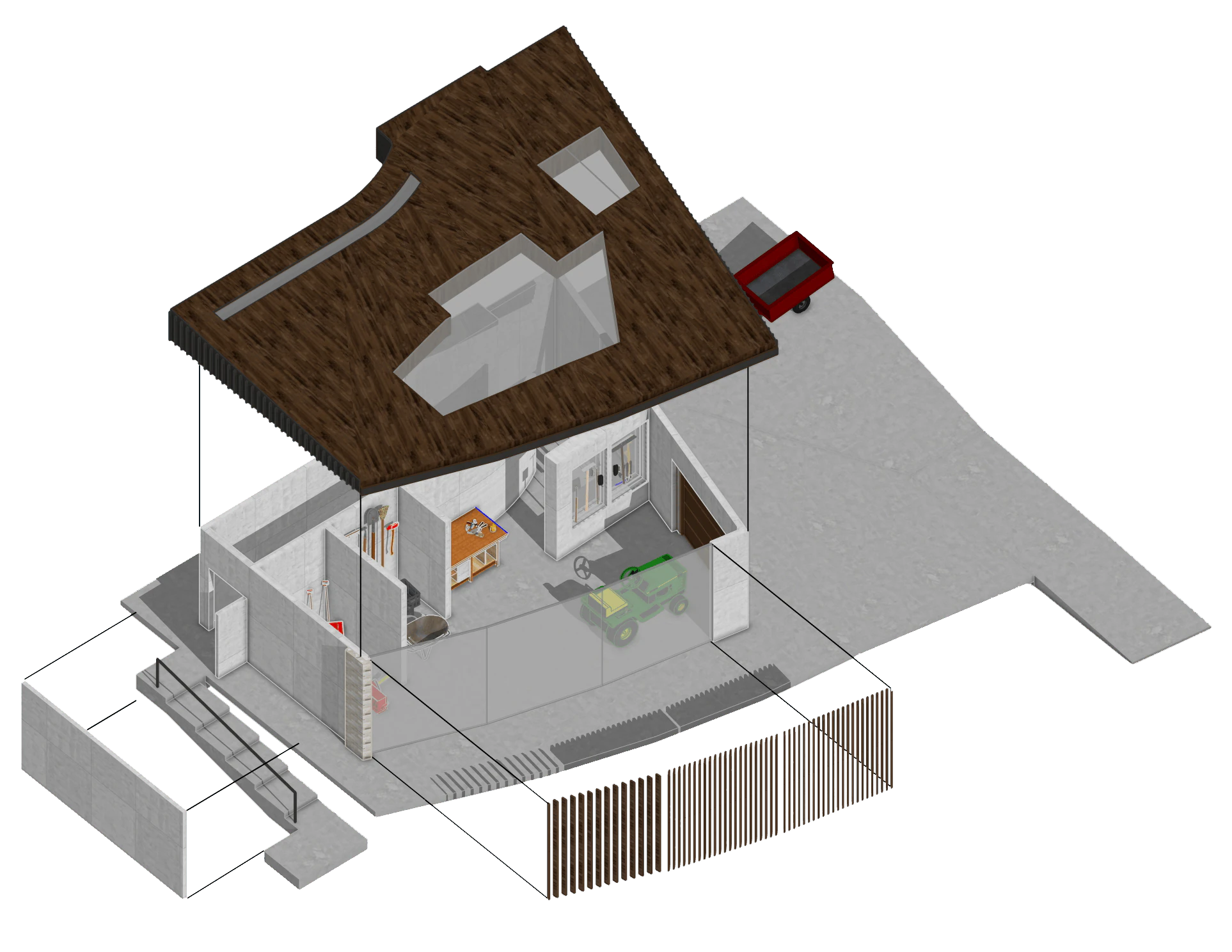 UW-Madison Arboretum Garden Shed axonometric drawing