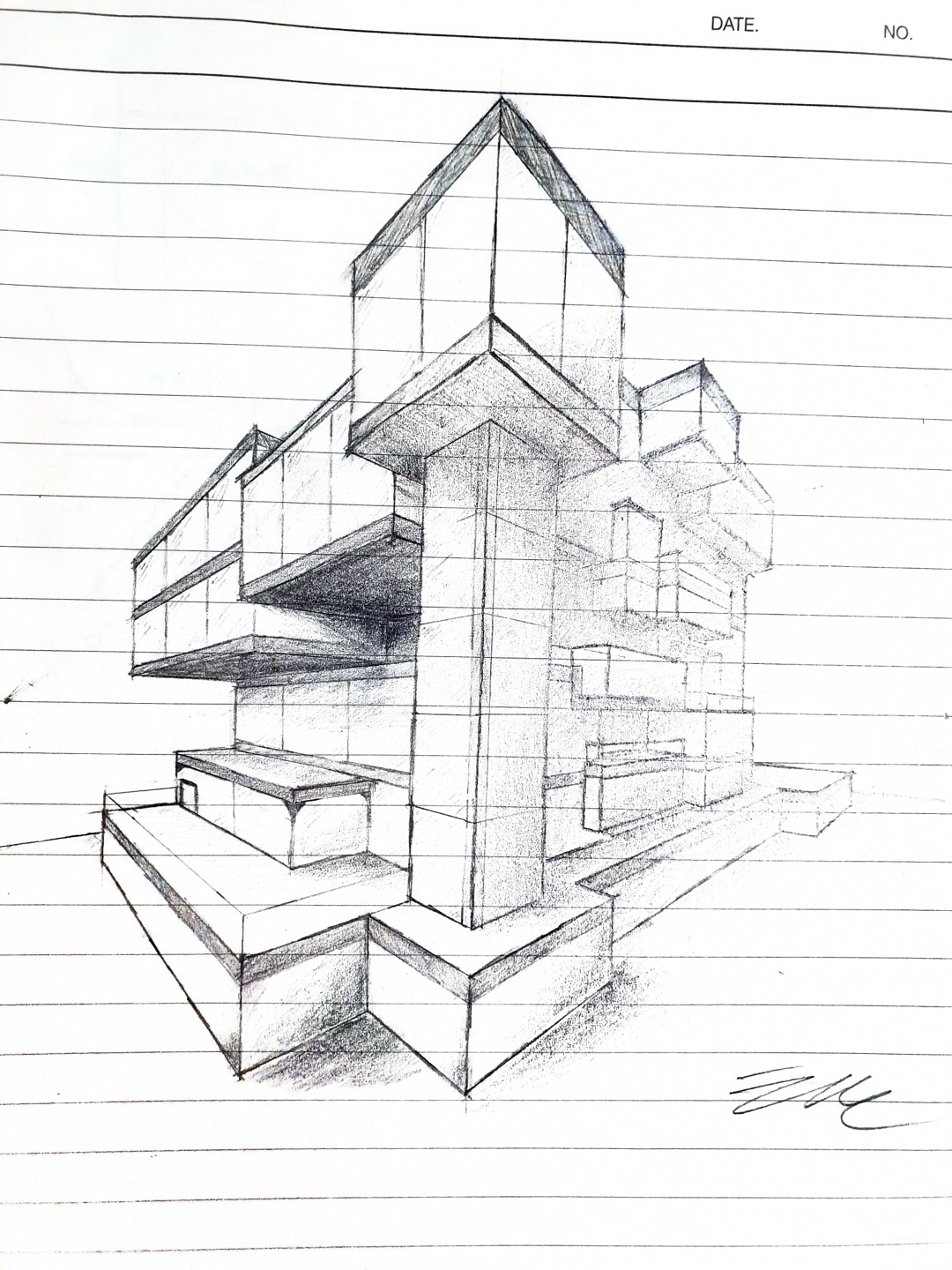 Pencil drawing of a cubic house massed around a central tower