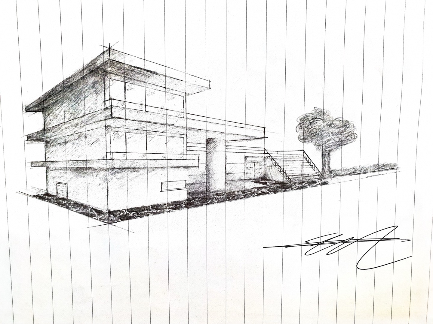 Pencil perspective drawing of a flat-roofed modern house