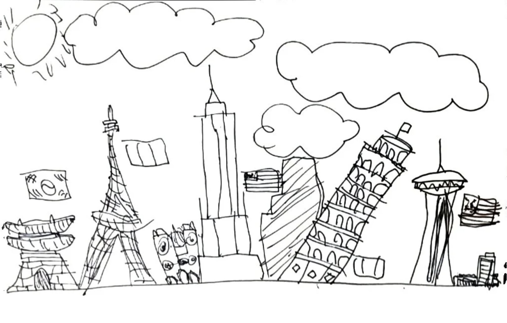 Childhood marker drawing of world landmarks in a row