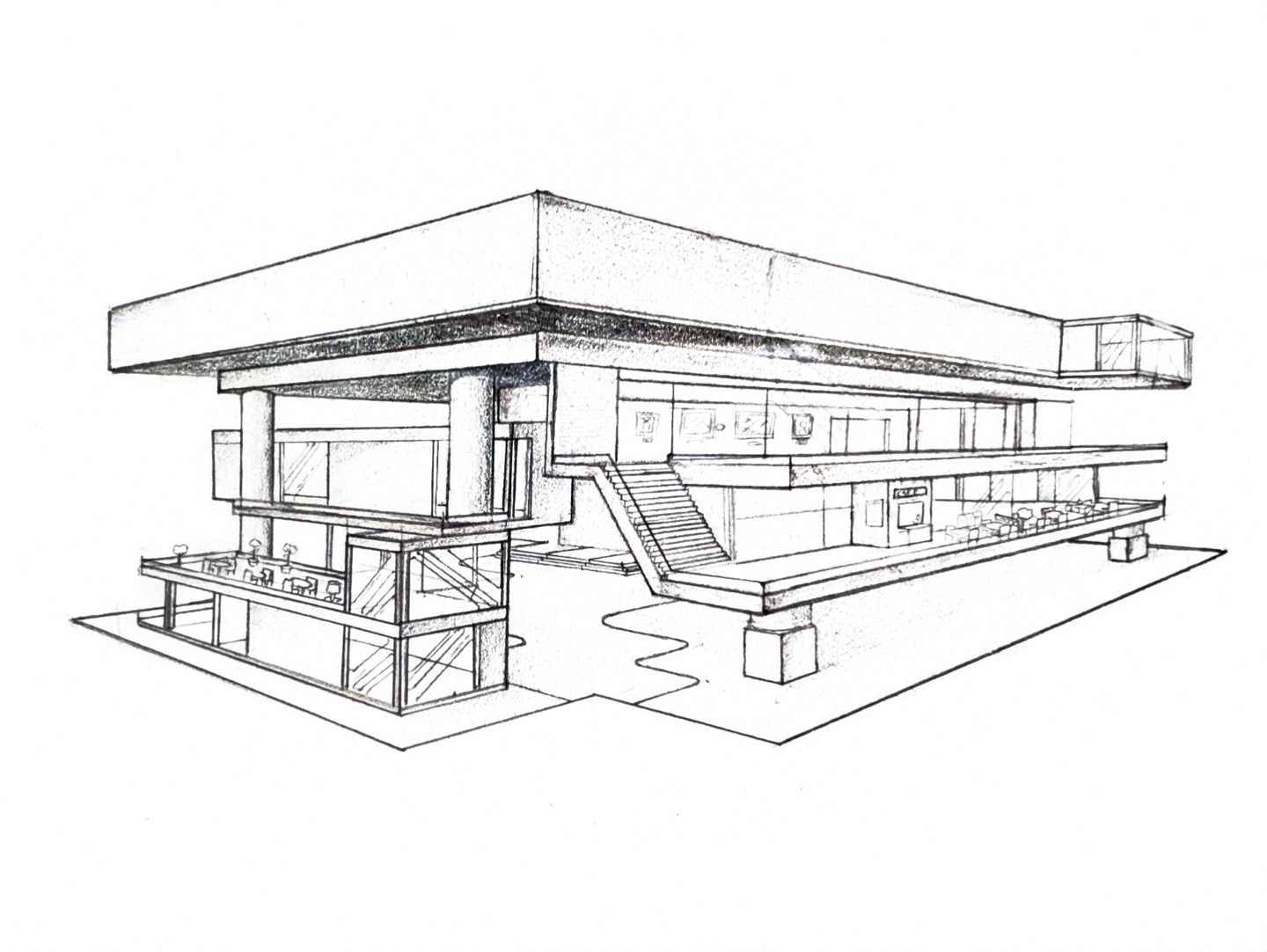 Pencil drawing of a low horizontal manor with an open stair