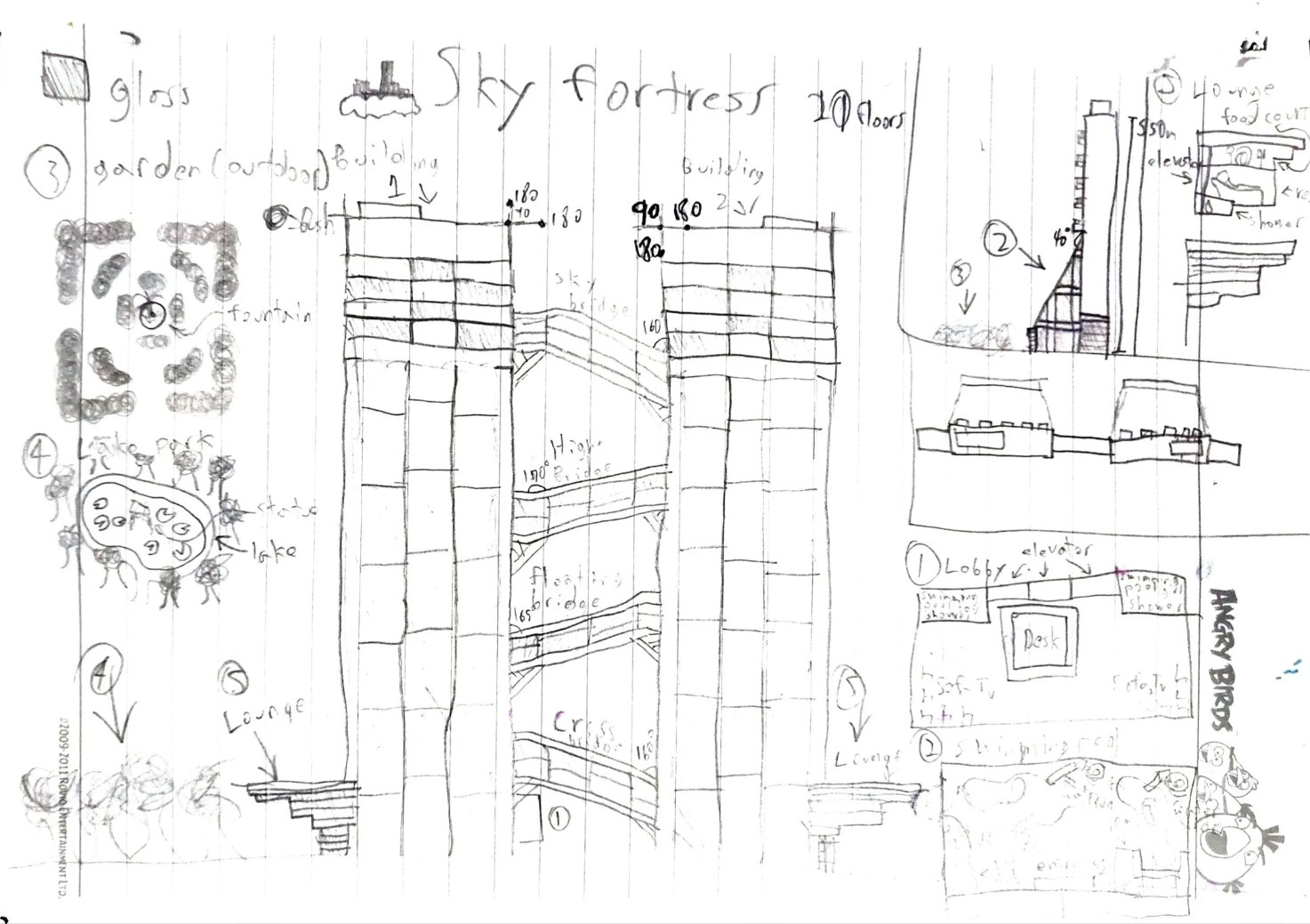 Childhood sketch of twin towers joined by sky bridges