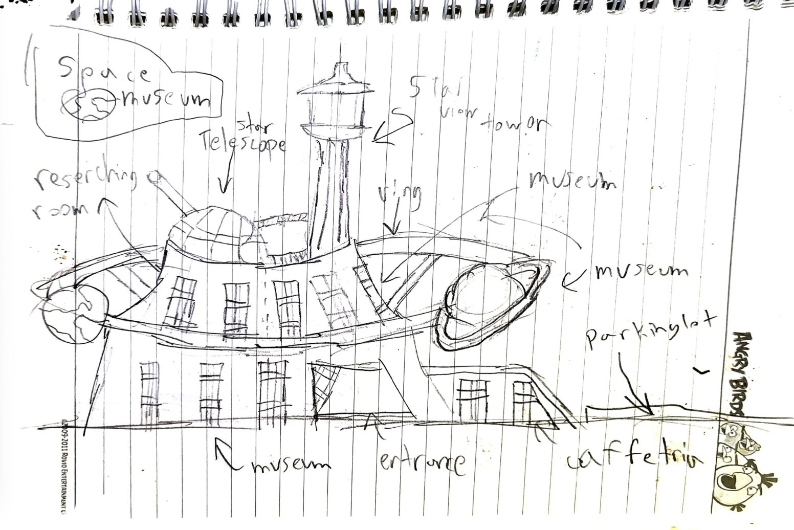 Childhood pencil sketch of a space museum with a Saturn-ring wing