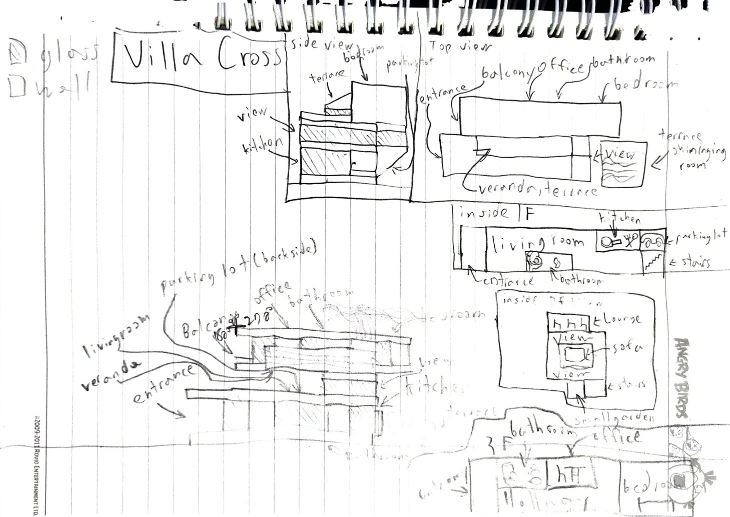 Childhood sketch of Villa Cross with annotated plans and views