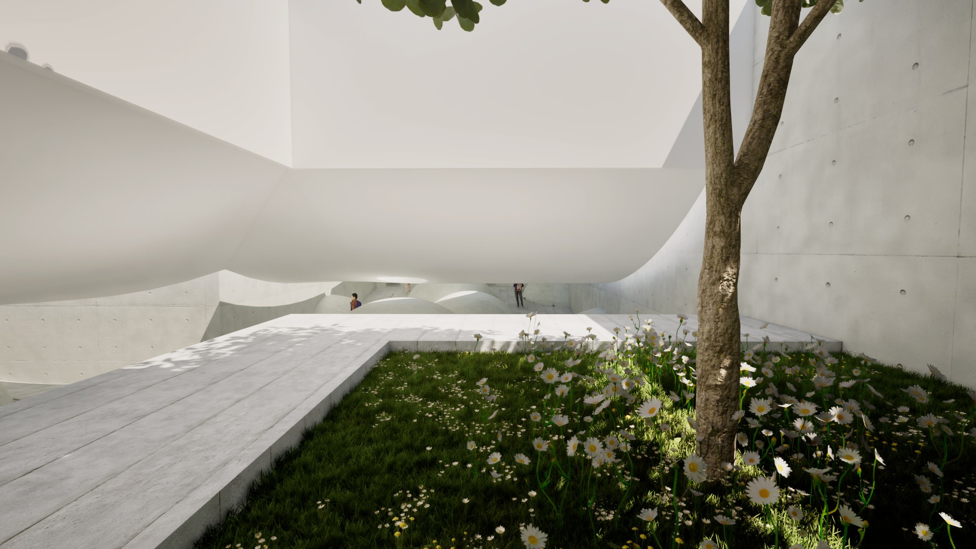The clearing — flower bed and tree at the crossing